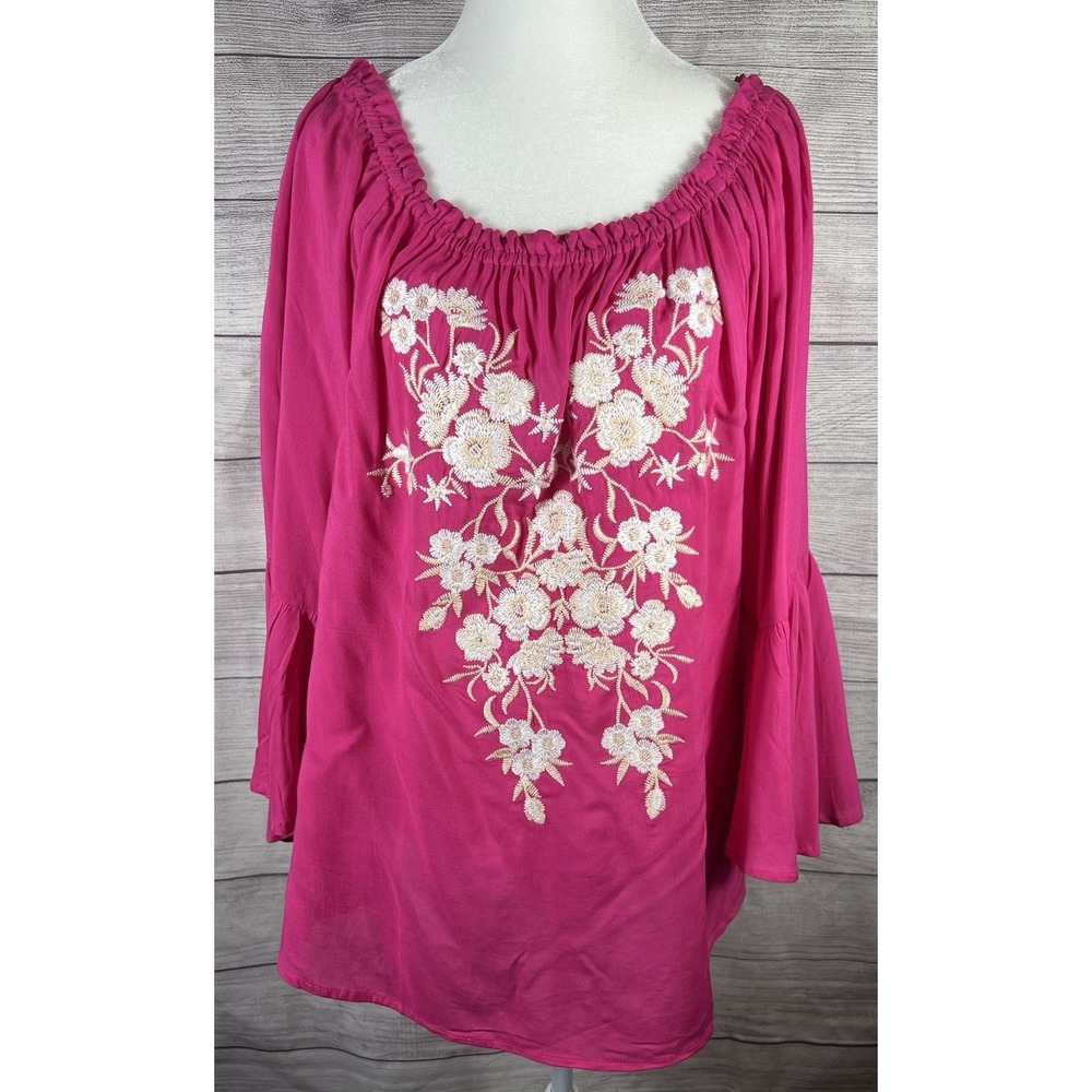 Andree By Unit Embroidered Boho Peasant Top Pink Large Floral
